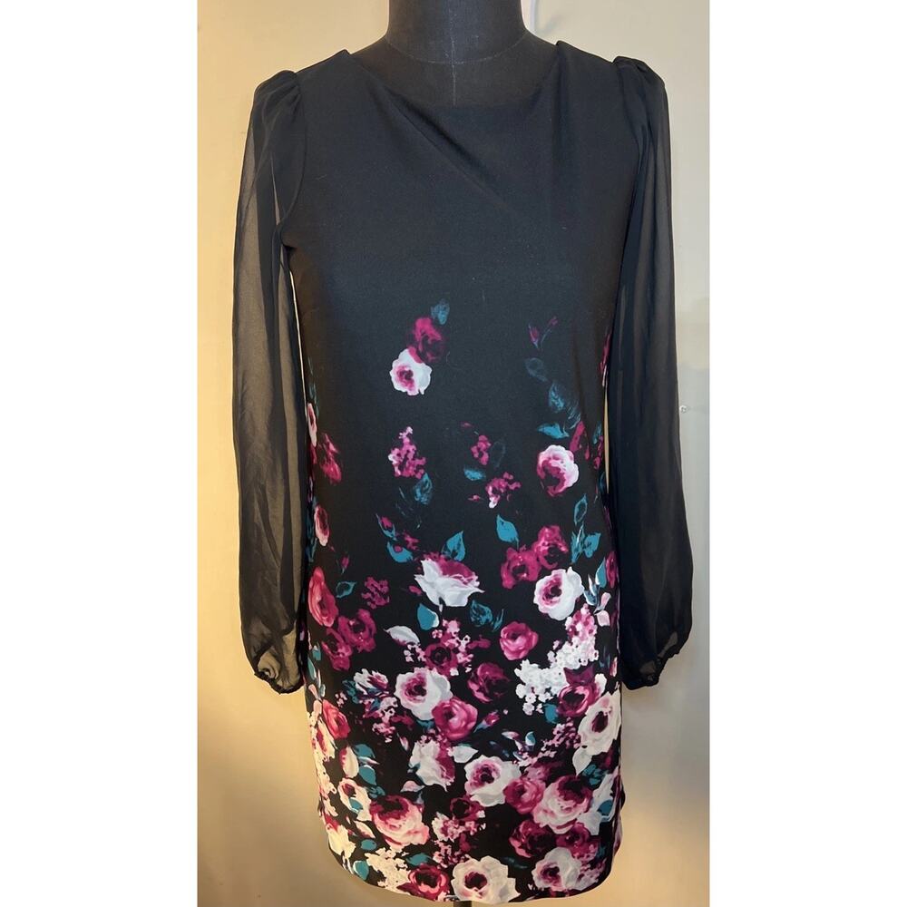 White House Black Market Black With Floral Sheath Dress Chiffon Sleeves Size 8